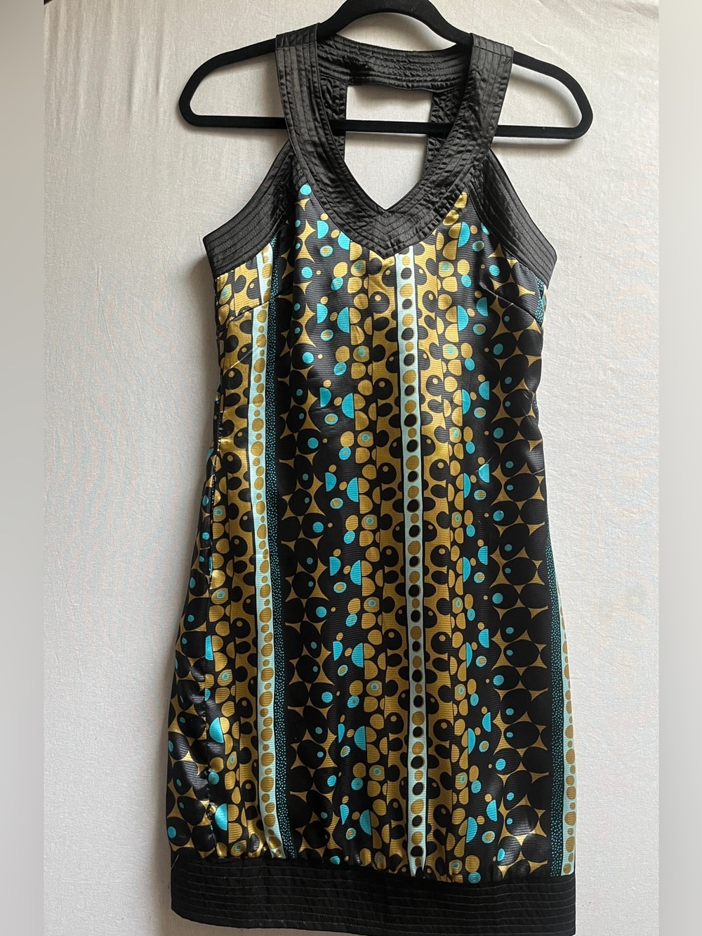 lavand Black & Gold Patterned Racerback Dress with Teal Accents
